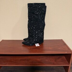 NWT NO BOX Black Sequin Knee-High Boots
